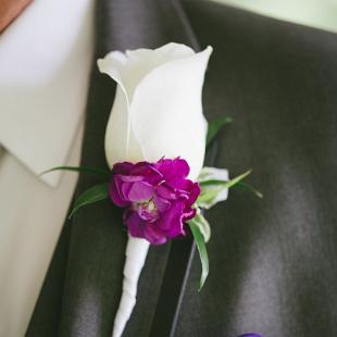 BF0768-White Rose and Purple Stock Boutonniere
