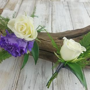 BF0772-Purple Lisianthus, White Spray Rose Boutonniere