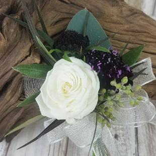 BF0781-Scabiosa and White Spray Rose Corsage