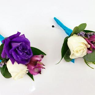 BF0807-Purple Lisianthus, Plum Alstromeria & White Spray Rose Boutonniere