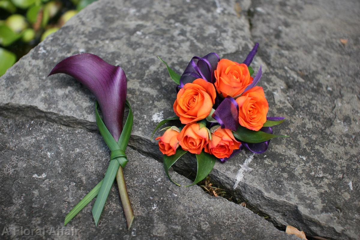 BF0468-Eggplant and Orange Boutonniere and Corsage