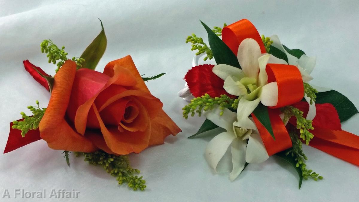 BF0674-Orange and Yellow Rose Boutonniere, White and Orange Orchid Corsage