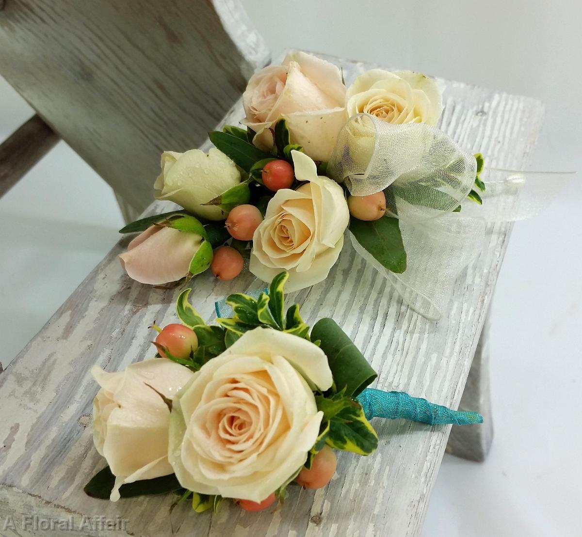 BF0686-Cream, Coral and Teal Boutonniere and Corsages