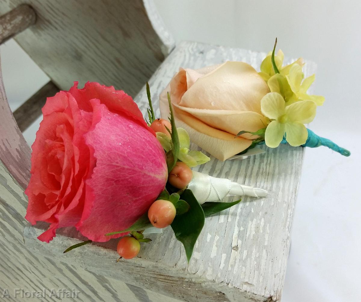 BF0687-Coral, Green and Apricot Rose Boutonnieres