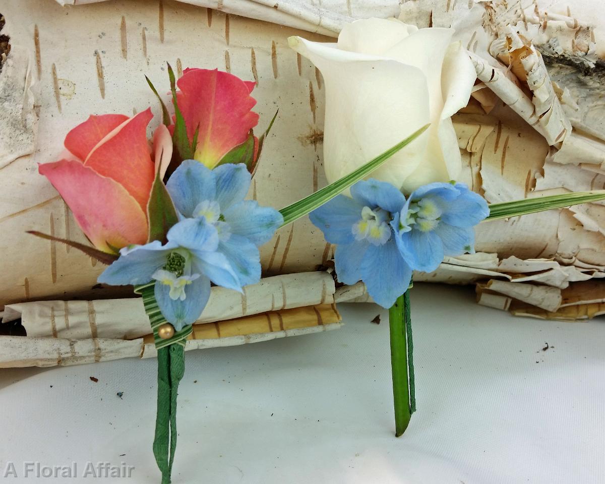 BF0726-Coral, Light Blue and Ivory Rose Boutonnieres with Grass Wrap