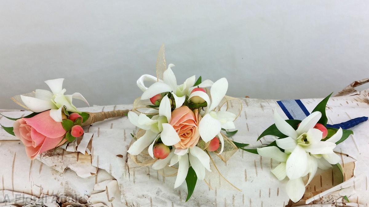 BF0733-White Orchid, Peach Berry and Apricot Rose Boutonnieres and Corsage