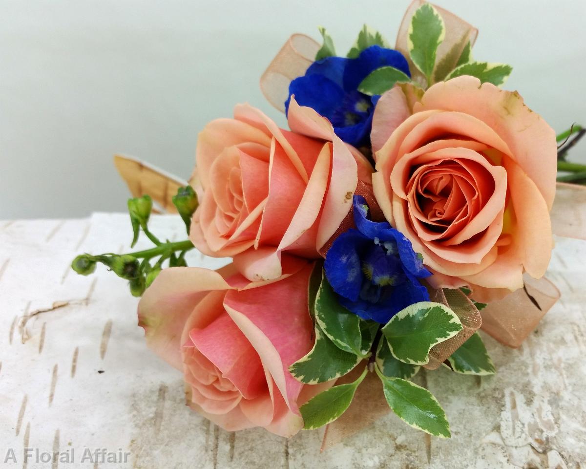 BF0736-Peach Orange and Cobalt Blue Corsage