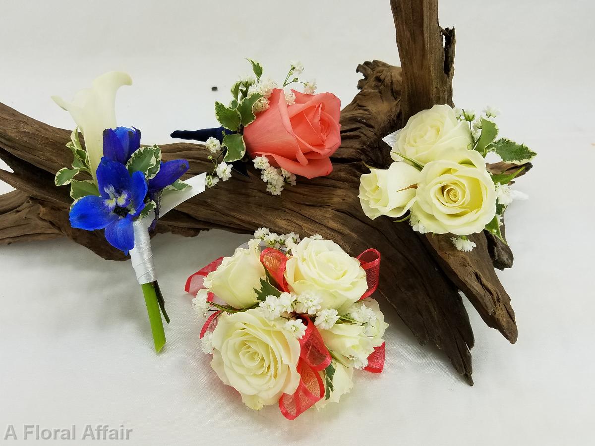 BF0750-Coral, White and Blue Boutonnieres and Corsage
