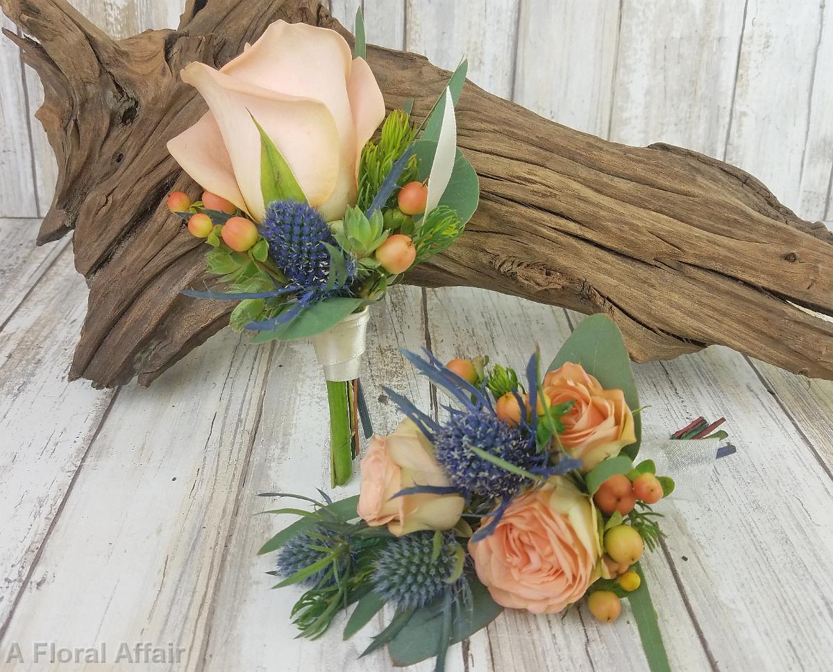 BF0765-Peach Rose and Thistle Corsage and Boutonniere