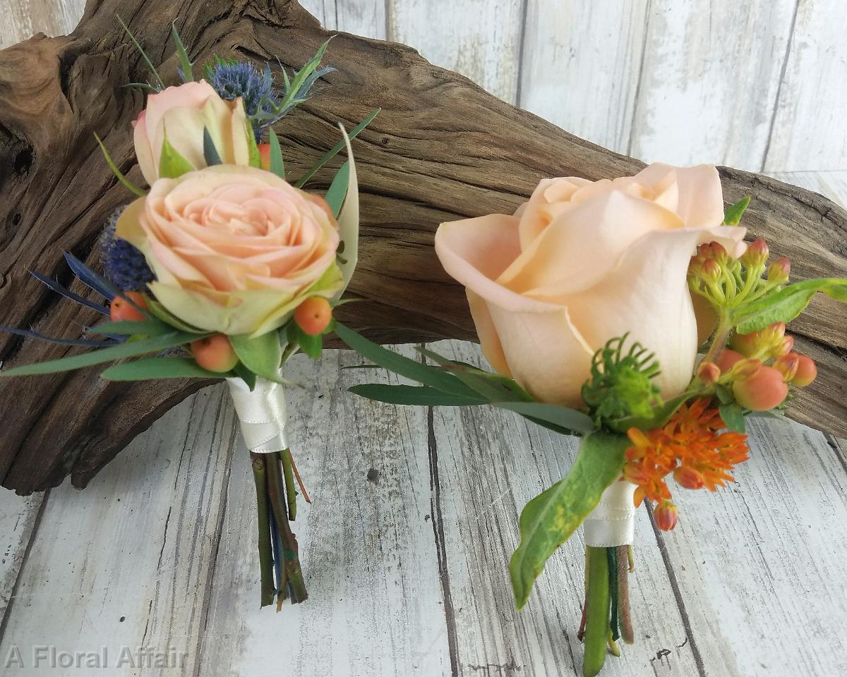 BF0766-Peach Roses, Thistle and Hypericum Boutonniere's
