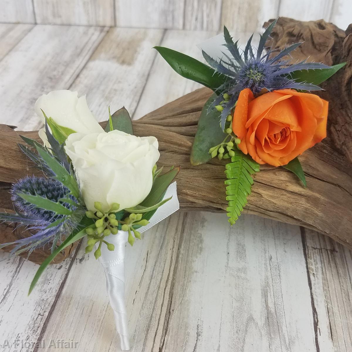 BF0770-Thistle and Orange and White Spray Rose Boutonniere