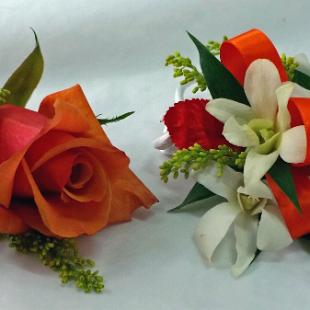 BF0674-Orange and Yellow Rose Boutonniere, White and Orange Orchid Corsage
