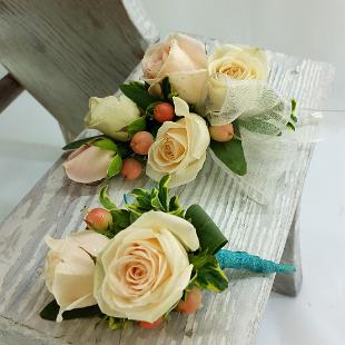 BF0686-Cream, Coral and Teal Boutonniere and Corsages