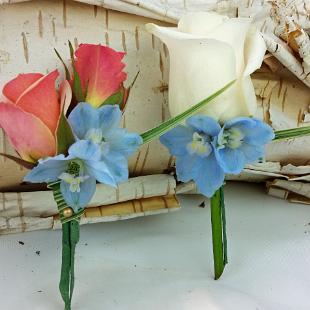 BF0726-Coral, Light Blue and Ivory Rose Boutonnieres with Grass Wrap
