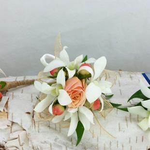 BF0733-White Orchid, Peach Berry and Apricot Rose Boutonnieres and Corsage