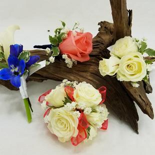 BF0750-Coral, White and Blue Boutonnieres and Corsage