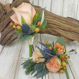 BF0765-Peach Rose and Thistle Corsage and Boutonniere