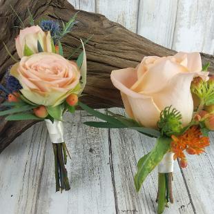 BF0766-Peach Roses, Thistle and Hypericum Boutonniere's