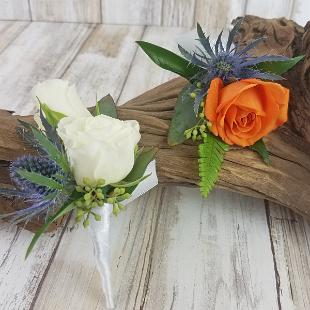 BF0770-Thistle and Orange and White Spray Rose Boutonniere