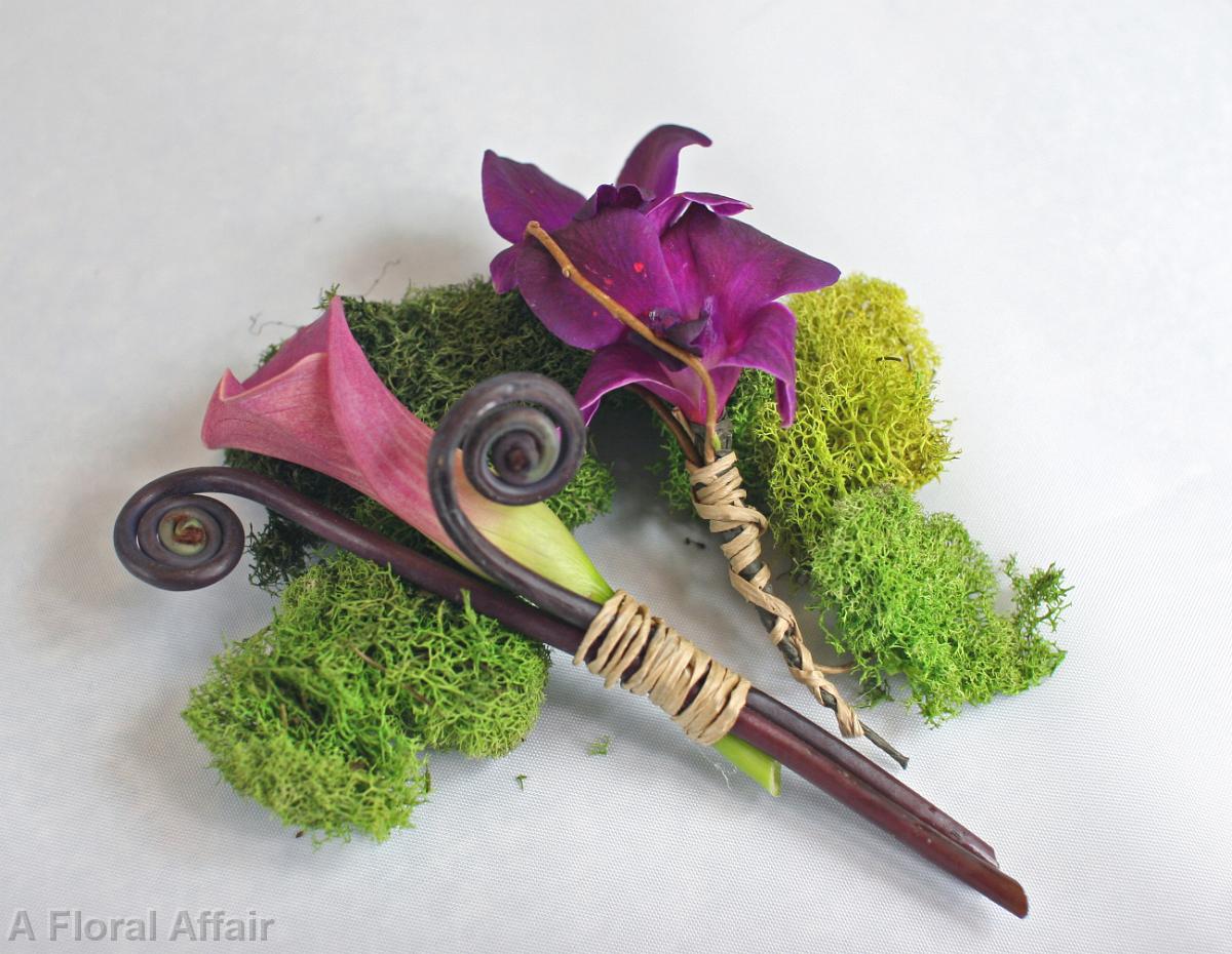 BF0475-Pink Mini Calla, and Fern Curl Boutonniere