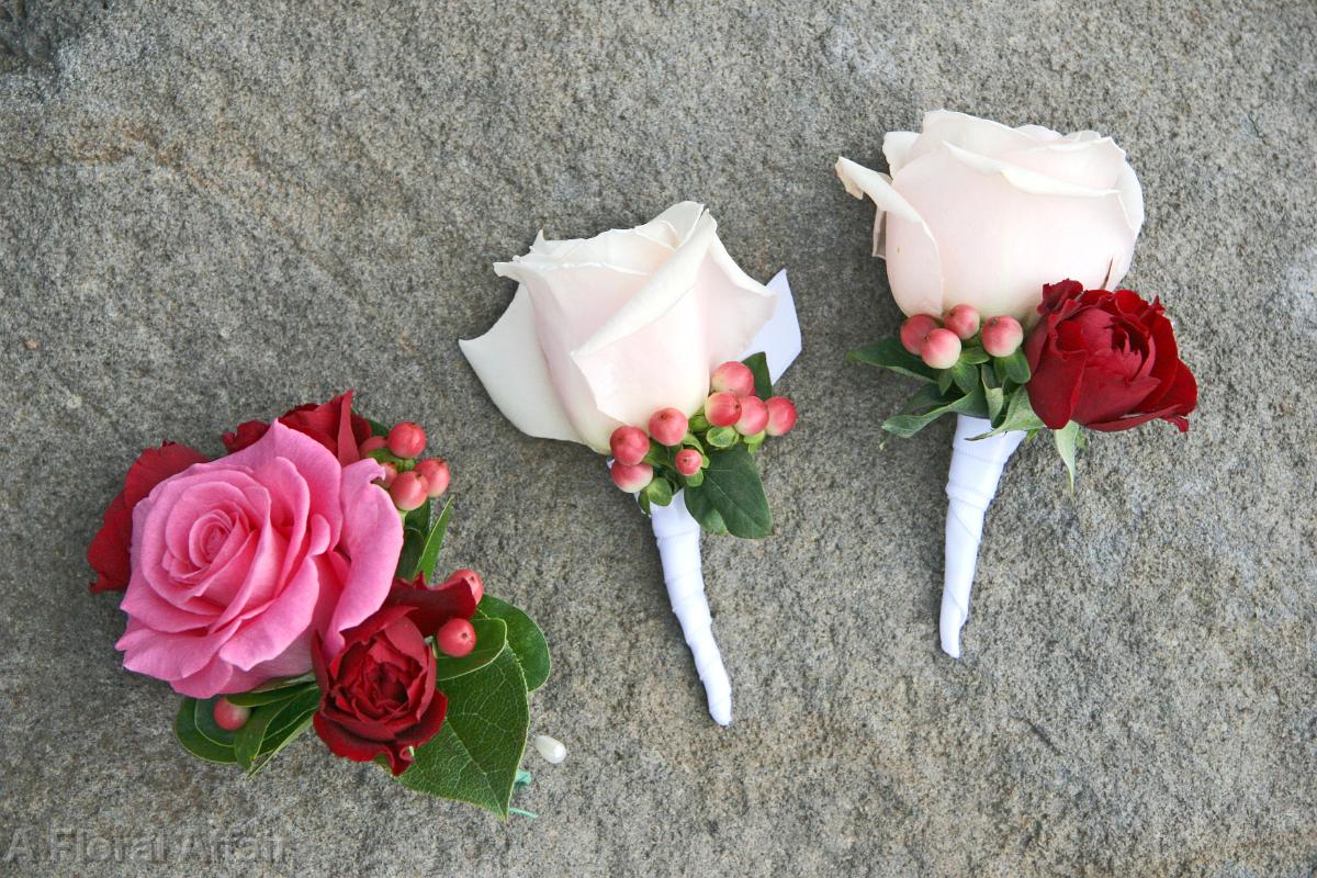 BF0591-Pink and Red Rose Corsage and Boutonnieres