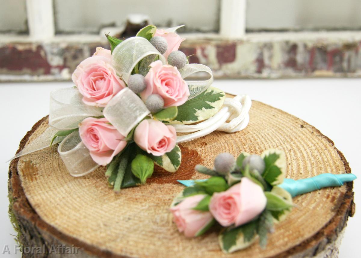 BF0635-Pink Miniture Rose Wrist Corsage and Boutonniere