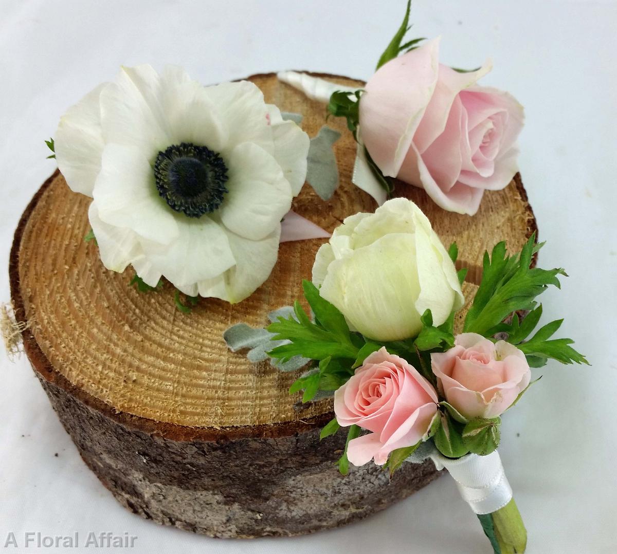 BF0679-White Anemone and Pink Rose Boutonnieres