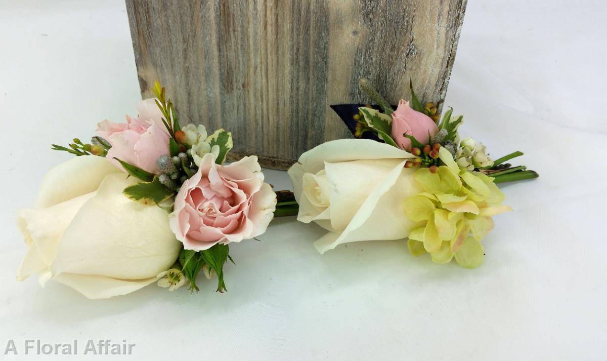 BF0718-Blush Pink and Ivory Rose Garden Style Boutonnieres