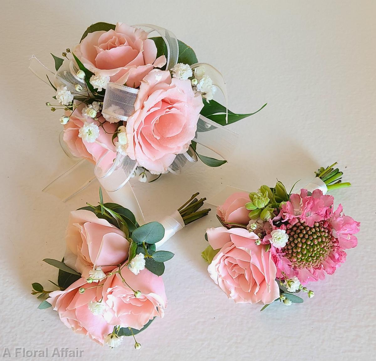 BF829 - Pink Scabiosa Boutonniere and Blush Corsage