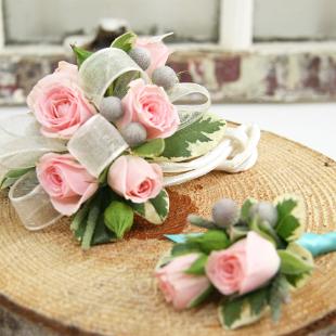 BF0635-Pink Miniture Rose Wrist Corsage and Boutonniere