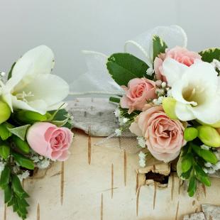 BF0729-Pink Spray Rose and White Freesia Corsage and Boutonniere