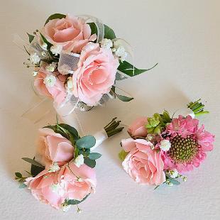 BF829 - Pink Scabiosa Boutonniere and Blush Corsage