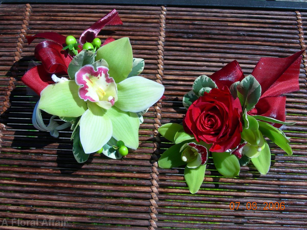 BF0099-Red and Green Orchid and Rose Corsages