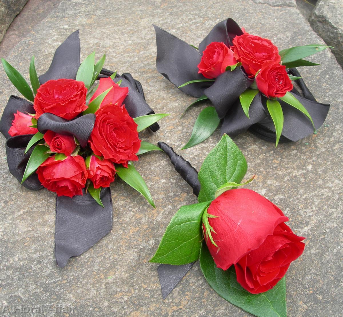BF0368-Classic, Elegant Red and Black Rose Corsage and Boutonnieres