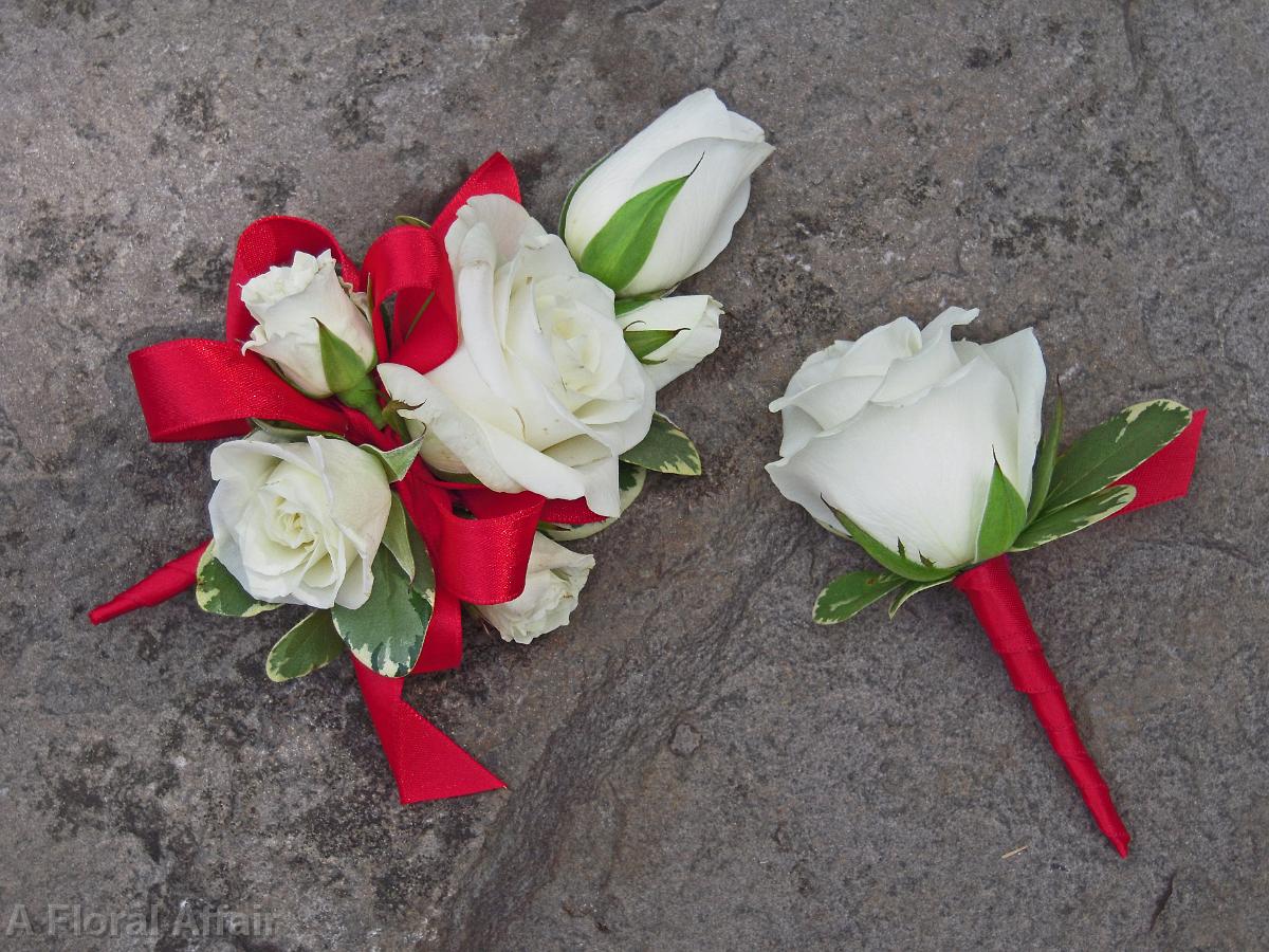 BF0396-Red and White Rose Corsage and Boutonniere