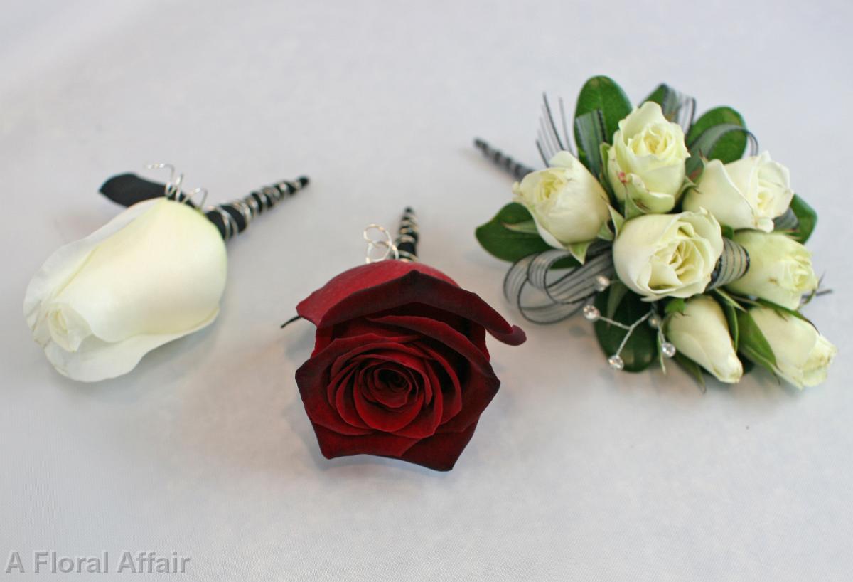 BF0469-White, Red and Black Boutonnieres and Corsage