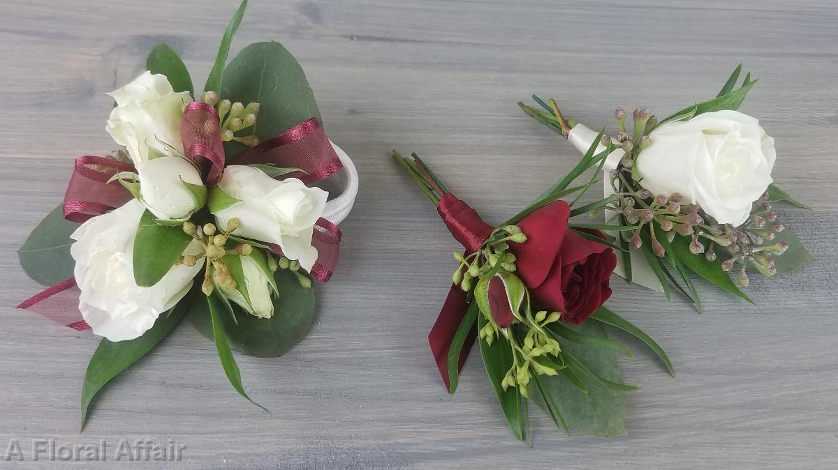 BF0787-Burgundy and White Rose with Eucalyptus Boutonniere's and Corsages