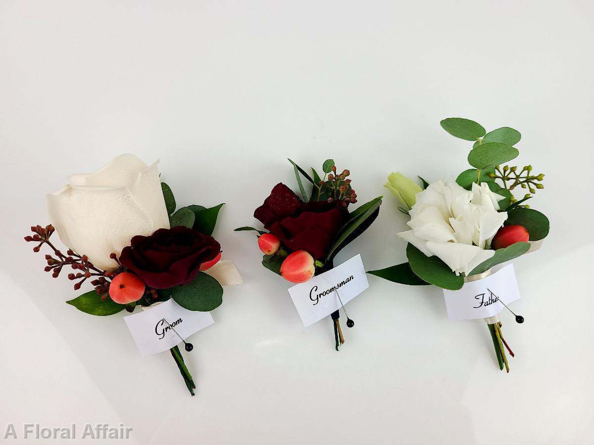 BF0803-Burgundy, White and Peach Boutonnieres