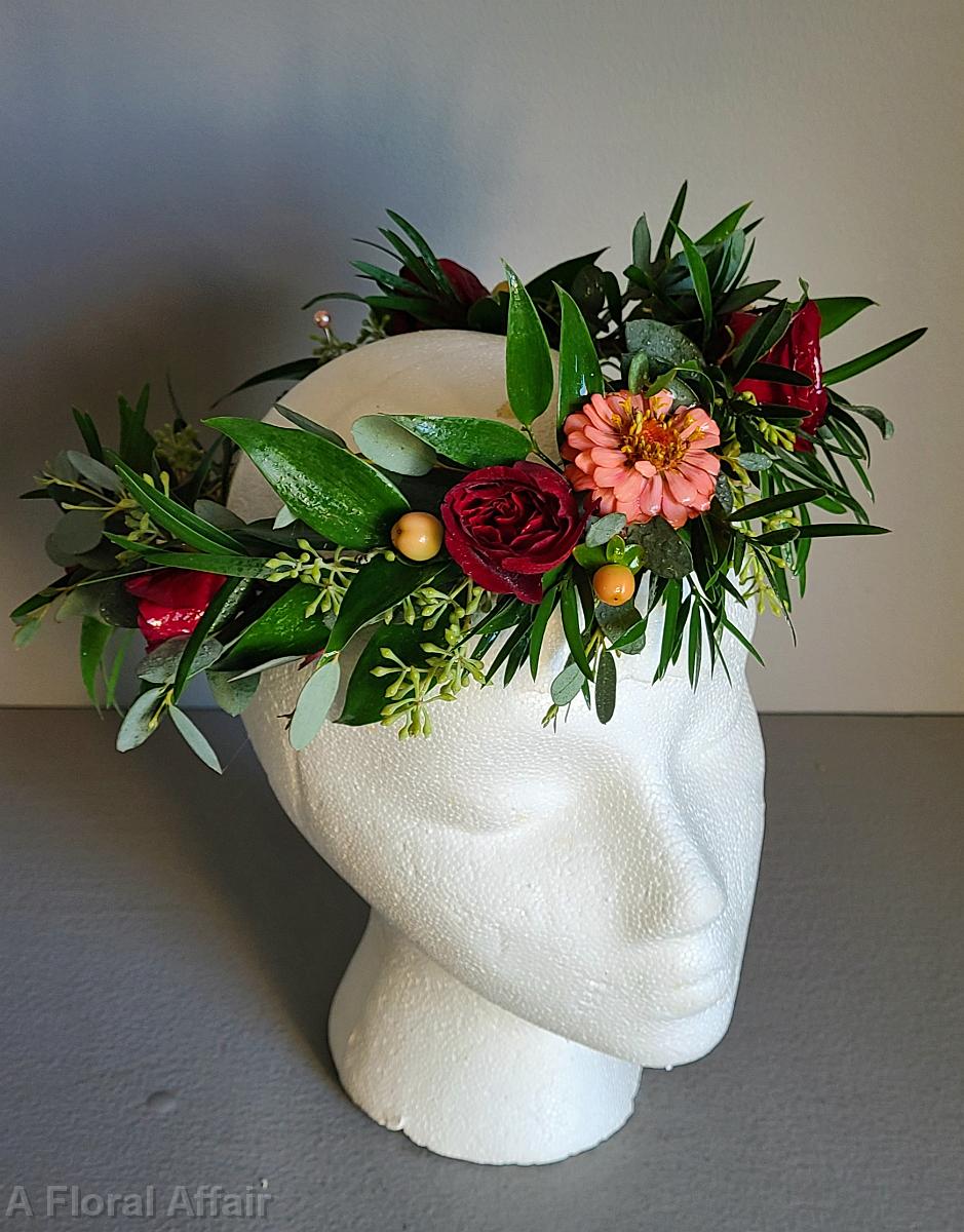 BF0822-Floral Crown with Greenery and Burgundy and Peach Flowers