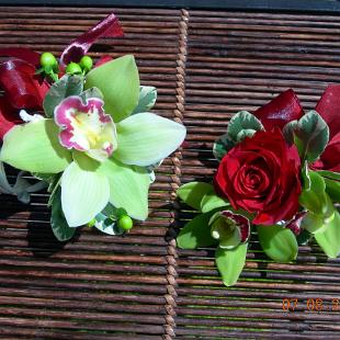 BF0099-Red and Green Orchid and Rose Corsages