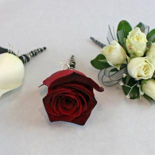 BF0469-White, Red and Black Boutonnieres and Corsage
