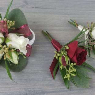 BF0787-Burgundy and White Rose with Eucalyptus Boutonniere's and Corsages