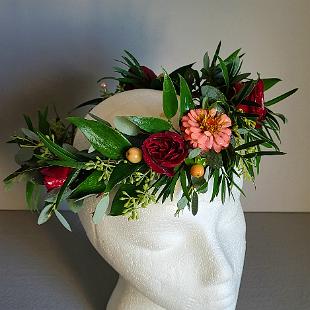 BF0822-Floral Crown with Greenery and Burgundy and Peach Flowers