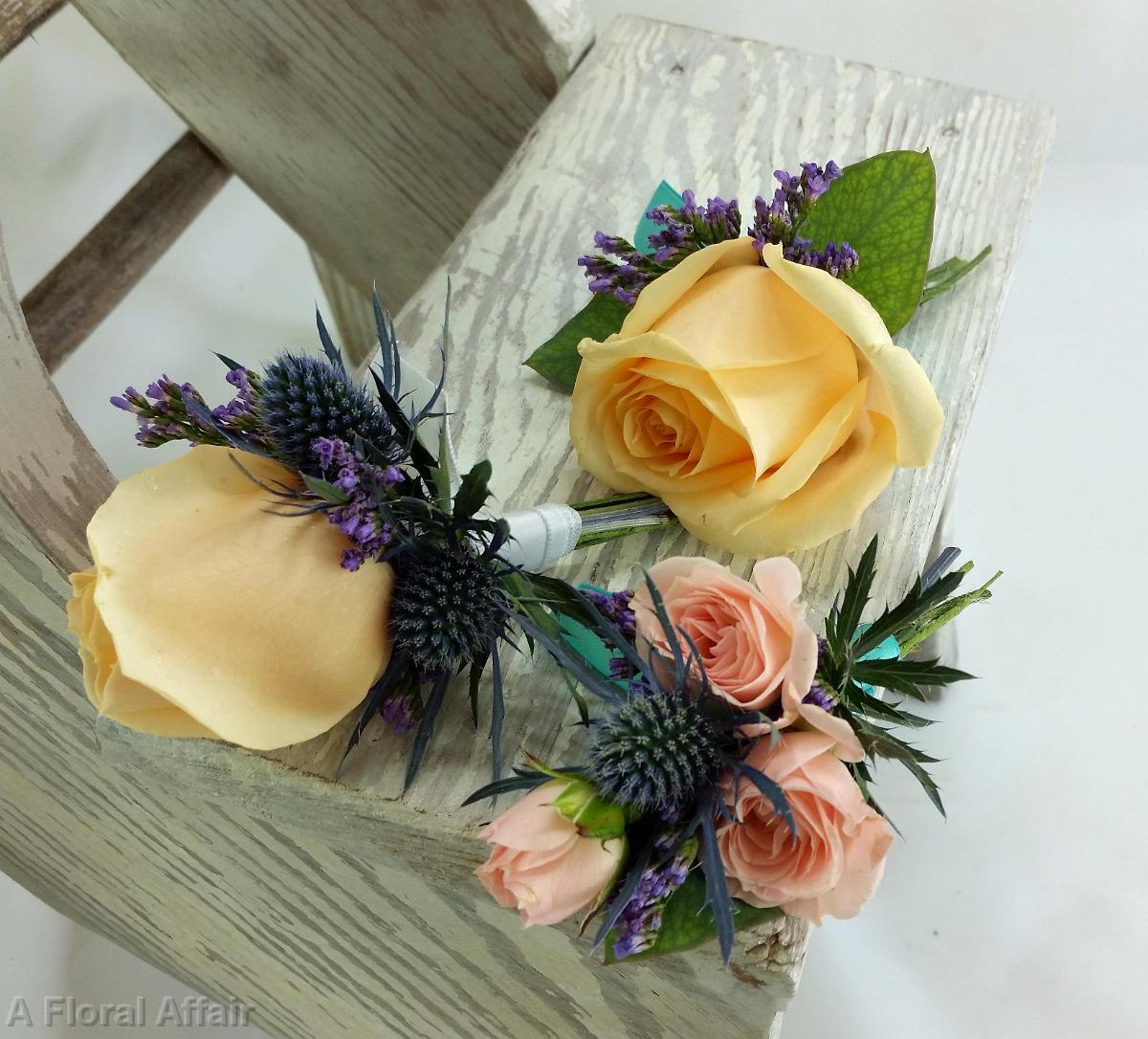 BF0700-Yellow and Peach Rose Boutonnieres