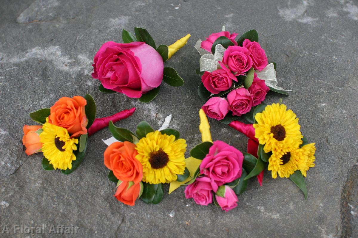 BF0502-Begonia Pink, Tangerine and Yellow Boutonnieres and Corsages