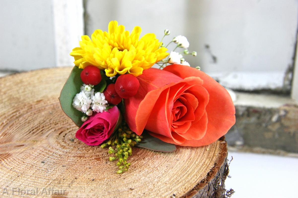 BF0609-Coral, Pink and Yellow Boutonniere Summer