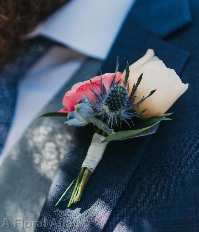 BF0789-Blue and Coral Boutonniere