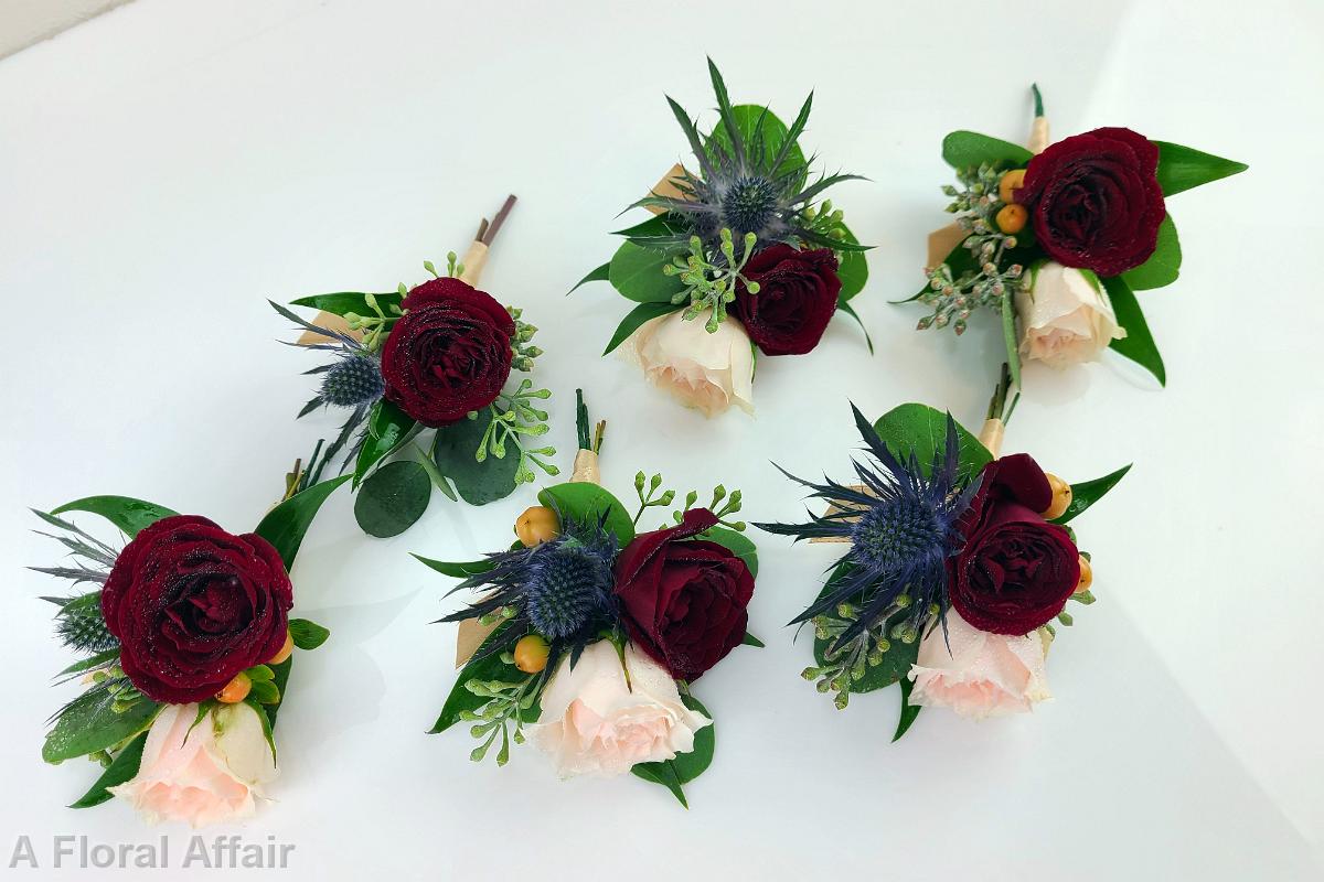 BF0806-Burgundy, Blush and Blue Boutonnieres