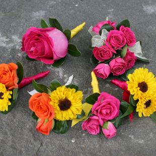 BF0502-Begonia Pink, Tangerine and Yellow Boutonnieres and Corsages