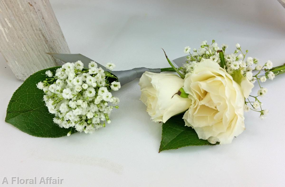 BF0714-White Rose and Babys Breath Boutonniere